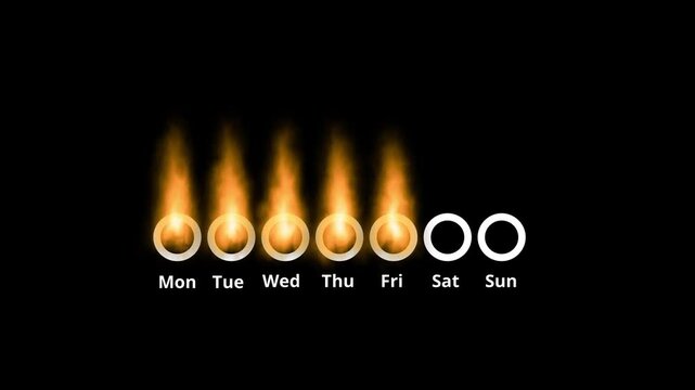 A weekly calendar with fire drop icons above each day representing a daily streak habit tracker on dark background