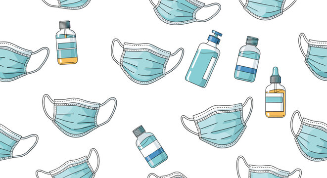 Healthcare pattern featuring medical face masks and hand sanitizer bottles on a white background for pandemic and hygiene awareness themes.