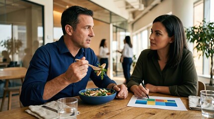 Fototapeta premium Business colleagues discussing report during healthy office lunch. Concept of working lunch, marketing review, business planning, healthy catering, productive meeting.