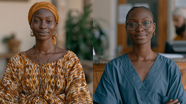 Before-and-after concept on a split composition, left side shows a Liberian woman in traditional kente dress in her home village, right side shows her in a uniform behind a