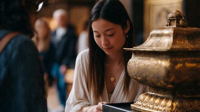 Sacred space docent gently redirects a visitor attempting to photograph a restricted ritual object displayed behind a glass barrier in a museum gallery, the interaction polite but