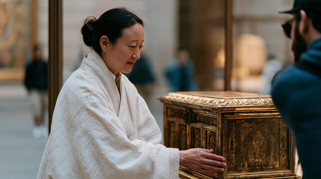 Sacred space docent gently redirects a visitor attempting to photograph a restricted ritual object displayed behind a glass barrier in a museum gallery, the interaction polite but
