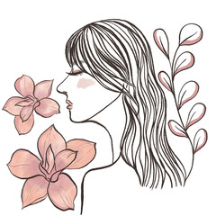 Elegant Line Art Illustration of Beautiful Woman Side Profile Portrait with Rose Gold Flowers © ammij