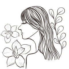 Minimalist Line Art Illustration of Beautiful Woman Side Profile Portrait with Flowers © ammij