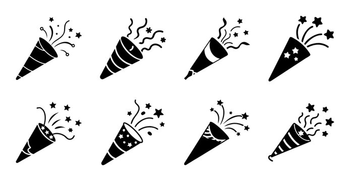Fireworks bursting from party poppers - Colorful fireworks exploding from small party poppers arranged in a playful pattern, ideal for celebrations and festive designs.