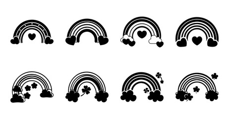 Fototapeta premium Black and white rainbow and cloud icons set - A stylish set of black and white vector icons featuring rainbows with clouds, hearts, and stars for creative projects.