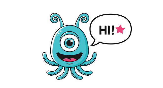 Friendly one-eyed blue monster character with tentacles and antennae waving and saying hi in a speech bubble with a pink star icon.