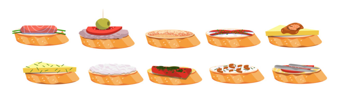 Spanish tapas food traditional pinchos assortment bread slices with various toppings cheese fish vegetables isolated on white background