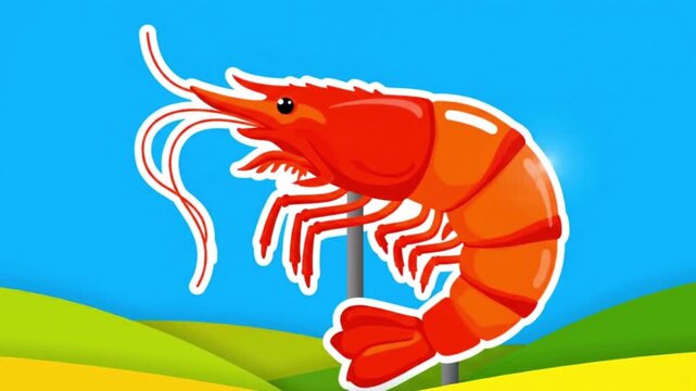 Cartoon Orange Shrimp Character Rotating on a Colorful Landscape Background for Kids Education