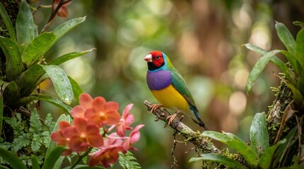 Fototapeta premium Colorful Gouldian Finch perched on a branch in tropical forest