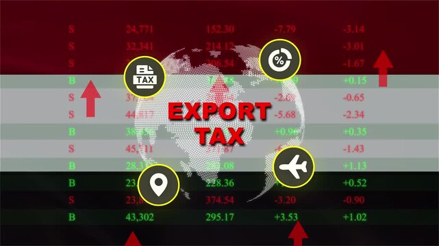 Export Tax Concept with Global and Financial Graphics: A conceptual graphic representing export tax with overlaid financial data, a globe, and relevant icons.