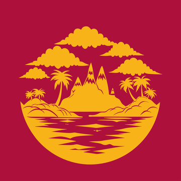 Tropical Island Mountain Landscape Vector Illustration