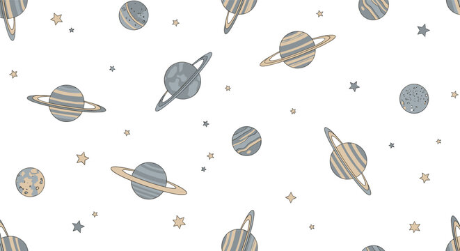 Whimsical outer space seamless pattern featuring planets with rings and stars on a white background for children designs.