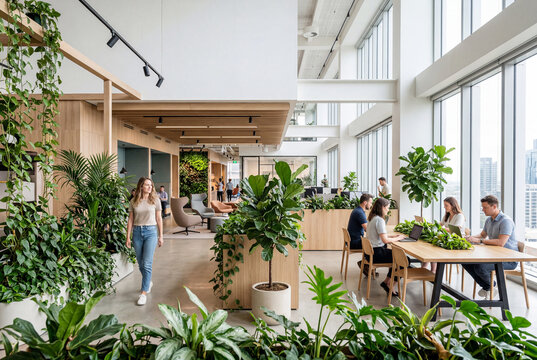 People are working in a modern office. Some sit at tables with computers while others walk around. Indoor plants are placed throughout the space creating a lively setting