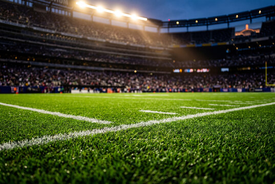 A football game takes place in a large stadium at night. Fans fill the stands as bright lights shine down on the field. Players compete for the ball, and the crowd cheers loudly