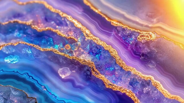 Stunning close-up of vibrant blue and purple geode with glittering gold veins