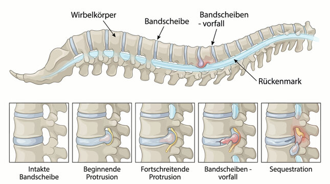 Human spine anatomy vector illustration with intervertebral disc degeneration stages, herniated disc progression, medical healthcare diagram, clinical diagnostic icons, back pain treatment design elem