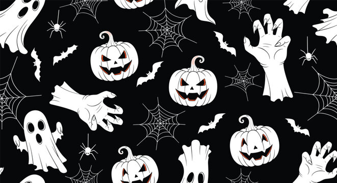 Spooky Halloween seamless pattern with pumpkins, ghosts, bats, spider webs, and zombie hands on a black background for holiday.