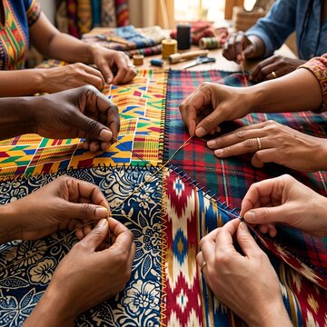 Diverse hands sewing colorful fabric patches together, creating a quilt pattern at a table.