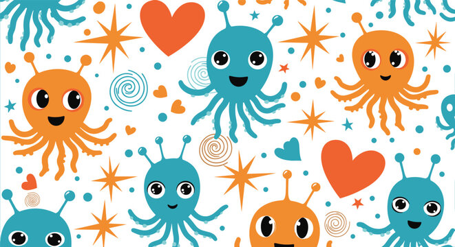 Colorful seamless pattern with cute alien creatures, octopus tentacles, hearts, and stars for children's fantasy and space themes.