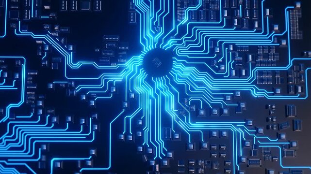 Close-up of a circuit board with glowing blue connections. Represents the backbone of modern technology and digital innovation