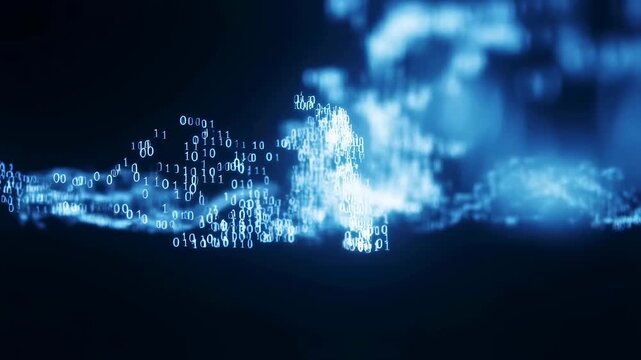 Abstract digital data stream with binary code flowing in waves. Represents the concept of data transfer and information technology in a modern digital landscape