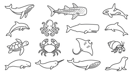 Ocean Marine Life Doodle Set: Whales, Dolphins, Sharks, Turtle, Crab, Octopus © Dayah
