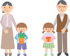 Obraz premium 敬老の日・祖父母と孫・花とプレゼント・4人セット
