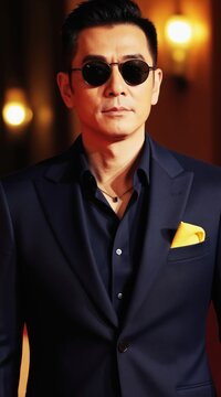 Man in sunglasses and navy suit wears yellow pocket square. Elegant Asian man poses, showing off fashion style. Charismatic individual with modern necklace during night event.