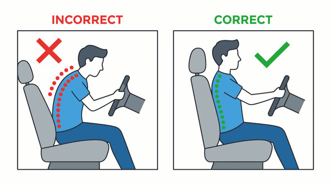 Driving posture correction vector illustration with incorrect hunched spine and proper upright alignment, ergonomic seating, health wellness icons, safe comfort design elements, isolated educational g