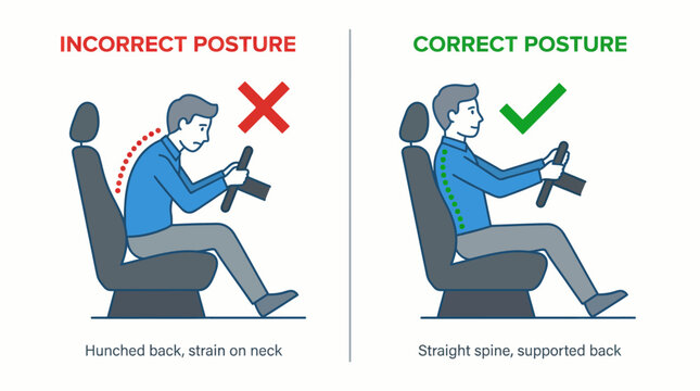 Driving posture correction vector illustration with incorrect hunched spine and proper upright alignment, ergonomic seating, health wellness icons, safe comfort design elements, isolated educational g