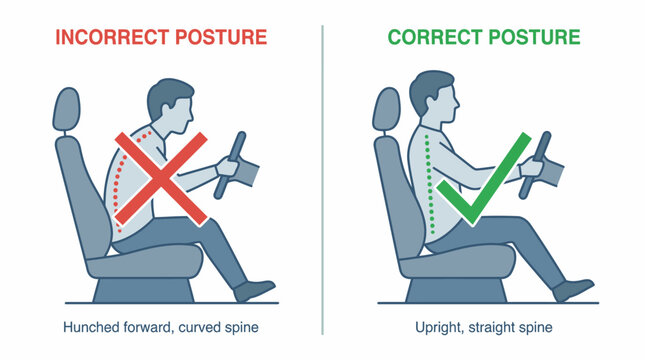Driving posture correction vector illustration with incorrect hunched spine and proper upright alignment, ergonomic seating, health wellness icons, safe comfort design elements, isolated educational g