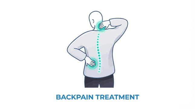 Back pain treatment vector illustration with spine anatomy, posture correction, medical therapy, chiropractic care, physiotherapy solutions, wellness icons, healthcare design elements, isolated graphi