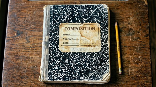 Old Composition Notebook With Yellow Pencil on Wooden Desk