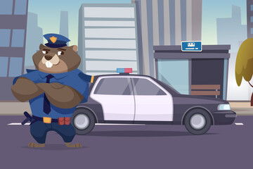 Police mascot. Vector illustration shows a cartoon beaver police officer standing beside a patrol car on a city street © ONYXprj