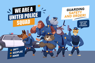 Police squad. Vector illustration shows cartoon animal police officers standing with a patrol car and safety banners promoting teamwork and order © ONYXprj