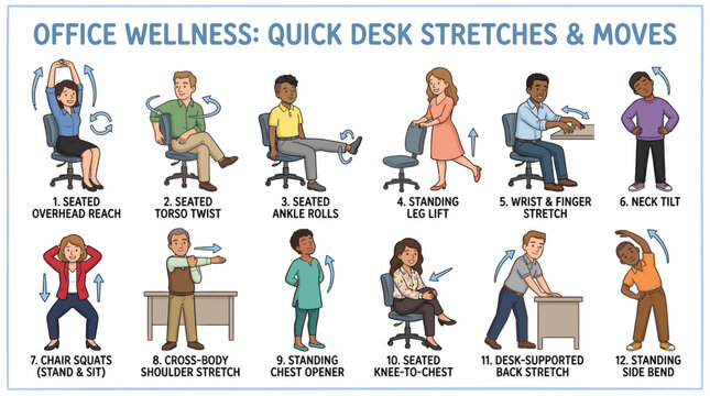 Office chair desk exercises vector illustration with arm raises, neck stretches, torso twists, leg lifts, seated push‑ups, workplace fitness icons, healthy movement design elements collection