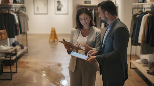Small boutique owner and insurance professional reviewing liability policy details to safeguard against customer accidents on slippery floors.