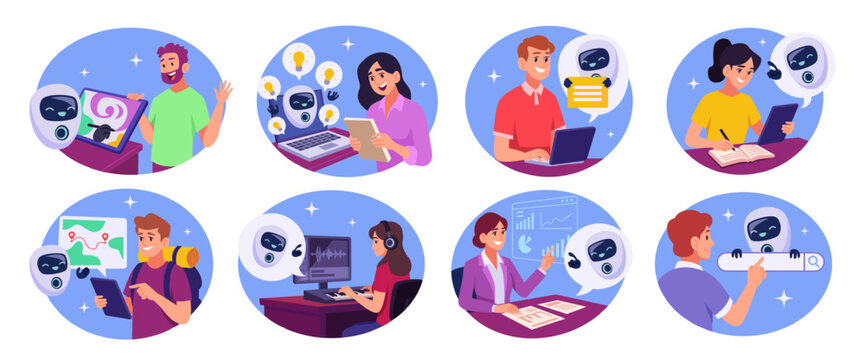 Artificial Intelligence. Vector AI scenes with robots messages mobile apps and human chatbot communication tools exact collection