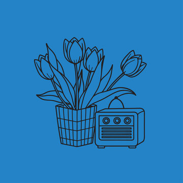 Vintage Radio and Tulip Flower Pot Line Art Illustration