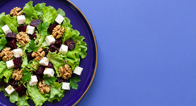 Top-down flat lay of a fresh healthy vegan salad with beetroot, feta cheese and walnuts on an indigo plate. Premium food photography with expansive copy space on a vibrant purple background.