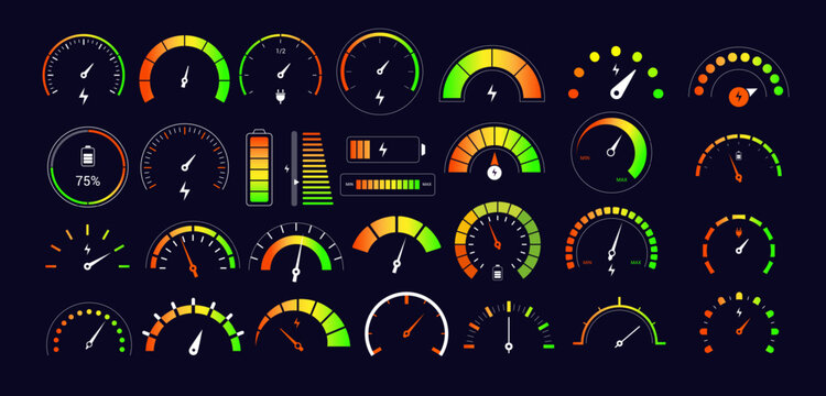 Power Meters. Vector battery monitoring icons with progress bars charging indicators and dashboard gauges recent toolkit