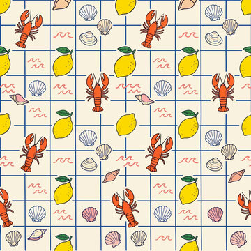 lobster and lemon pattern a vibrant nautical seamless background with various seashells on a grid perfect for summer beach decor.