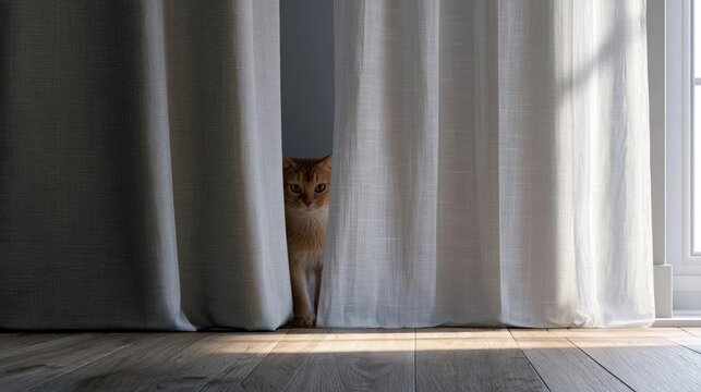 Orange cat peeking out from behind a white curtain. the cat is standing on a wooden floor and is looking directly at the camera.