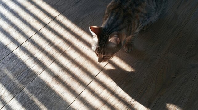 Cat walking on a wooden floor. the cat is facing towards the right side of the image and its head is turned towards the ground.