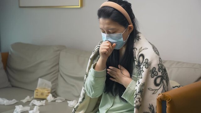 Sleepless woman sick and coughing in bedroom, blowing nose into paper tissue, experiencing illness virus spread infection, sinus cold symptoms indicating fatigue potential viral infection, ill health