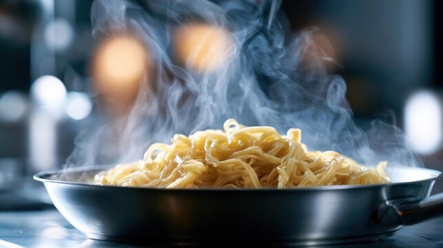 Frying pan on a kitchen countertop with a pile of cooked noodles in it. the noodles appear to be fettuccine alfredo, which is a type of italian pasta. the pan is black and has a handle on one side.