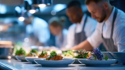 Obraz premium Group of chefs in a professional kitchen preparing food. they are wearing white aprons and are standing behind a long counter with several plates of food on it.