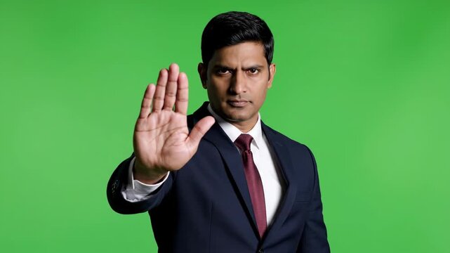 Businessman holding hand up in stop gesture against green screen with subtle camera zoom