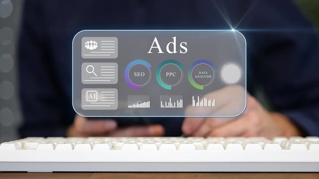 Close up of a businessman analyzing a digital marketing ads dashboard overlay with metrics for SEO, PPC, and data analysis while typing on a keyboard. Ideal for online business growth and advertising
